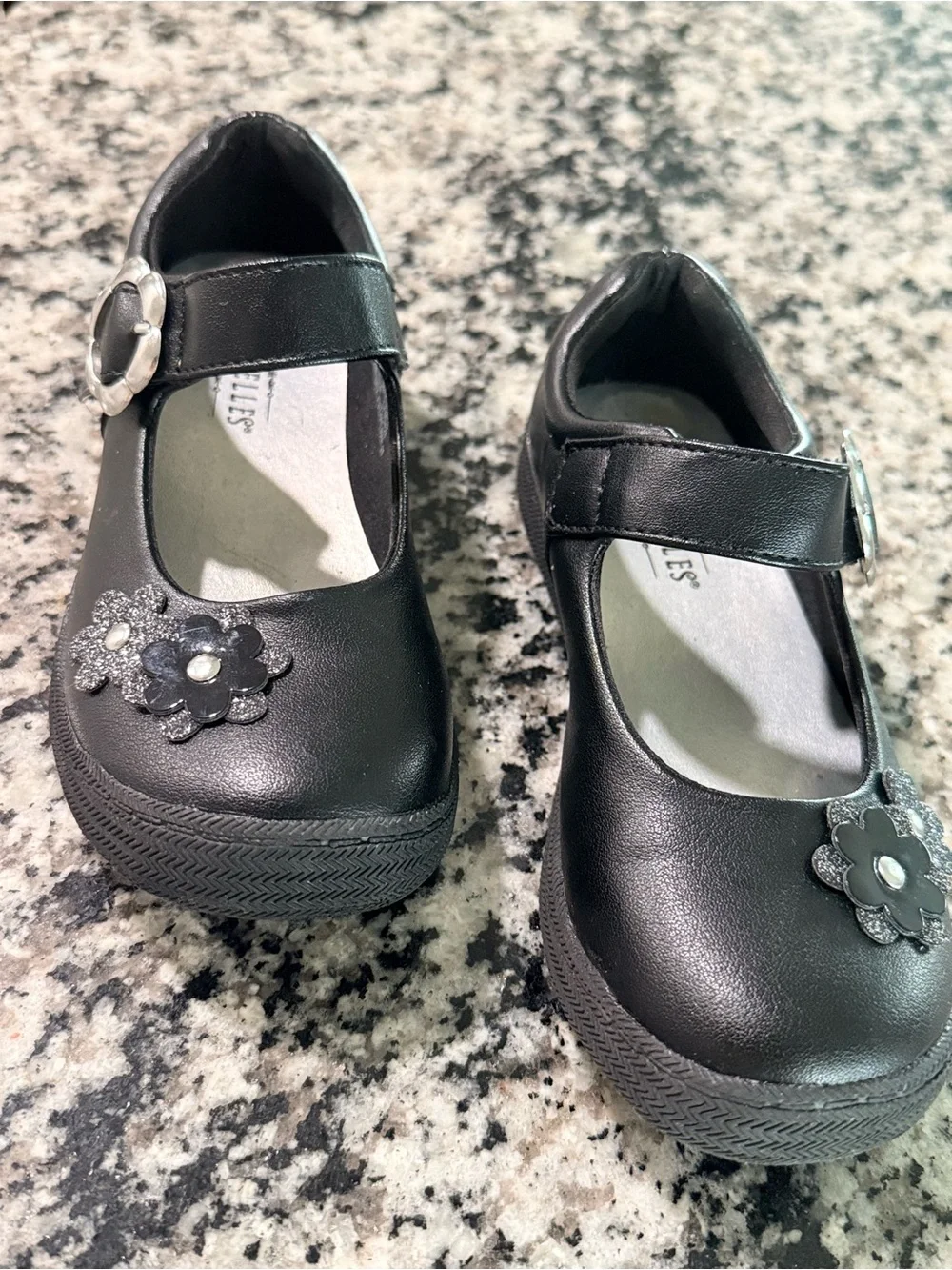 Girls Black Mary Jane Shoes with Flower Accent